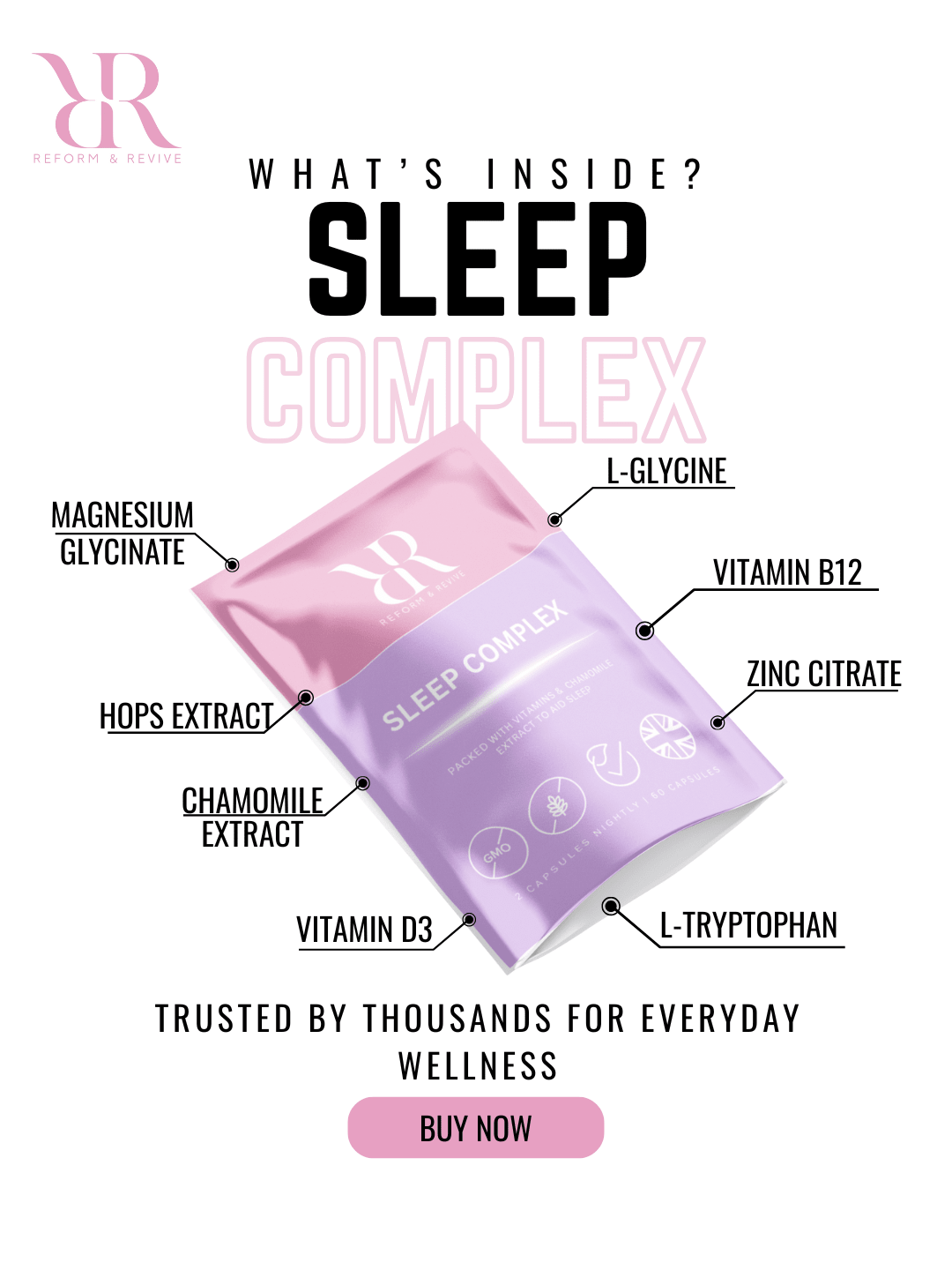 Reform and Revive Sleep Complex+ vitamins bottle with label, designed for rest and relaxation support.