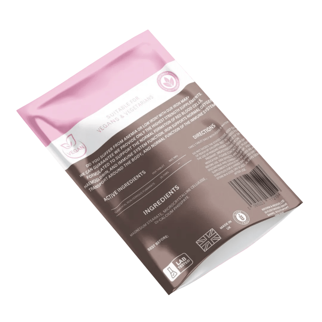 Reform and Revive Iron Max + 30/180 tablets from wellness range, showing bottles and tablets for iron supplementation.