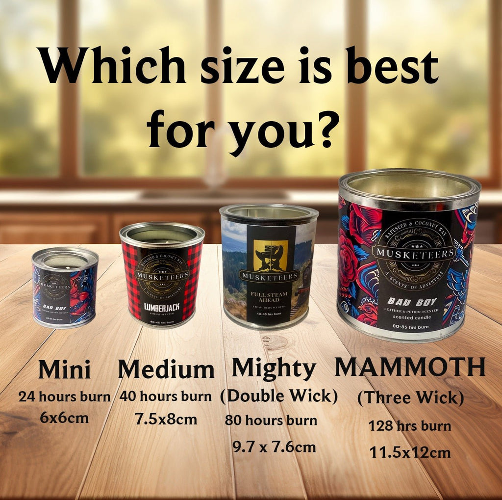 Masculine candle by Musketeers featuring a steam train scent, accented with a rustic label and warm candle wax.