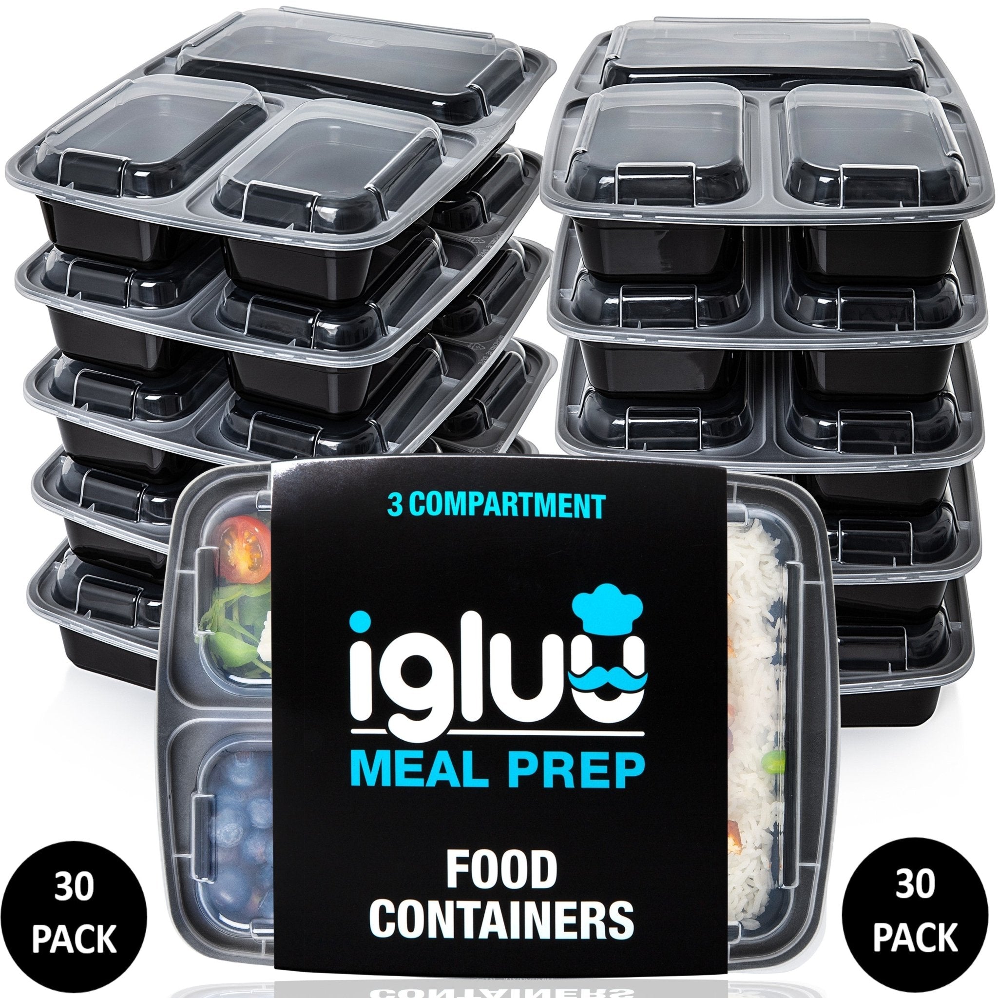 Set of 30 Igluu Meal Prep reusable containers with 3 compartments and airtight lids, each holding 946ml for meal storage.