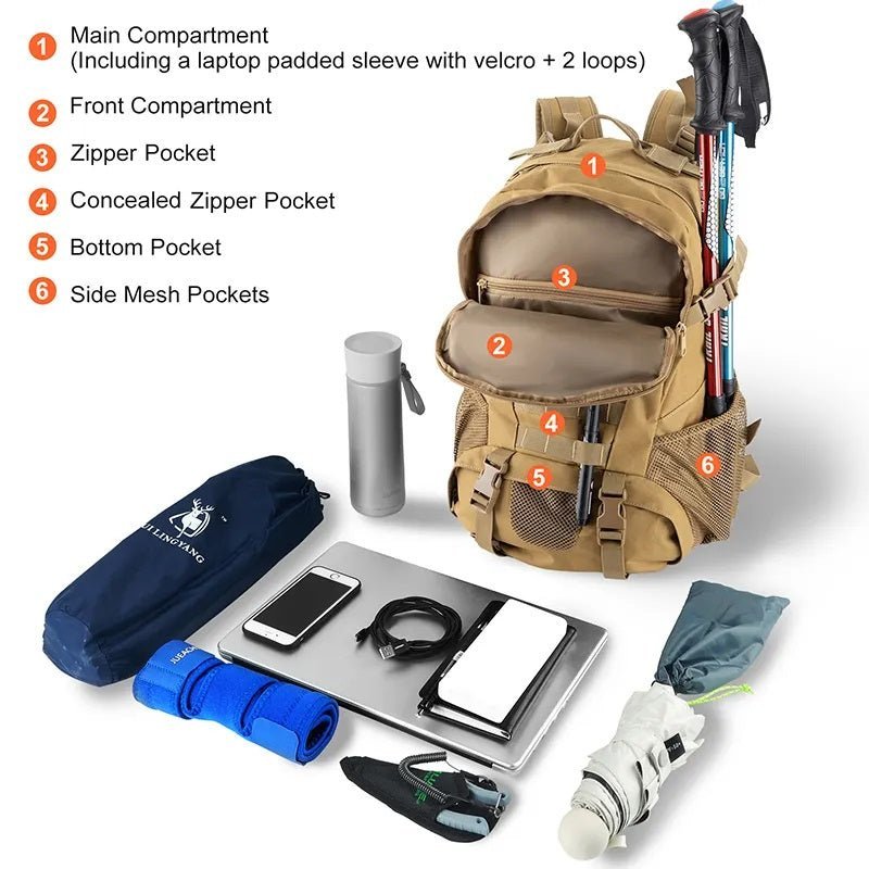 HikeWare 30L military style backpack with multiple compartments and rugged design, suitable for outdoor adventures and tactical use.