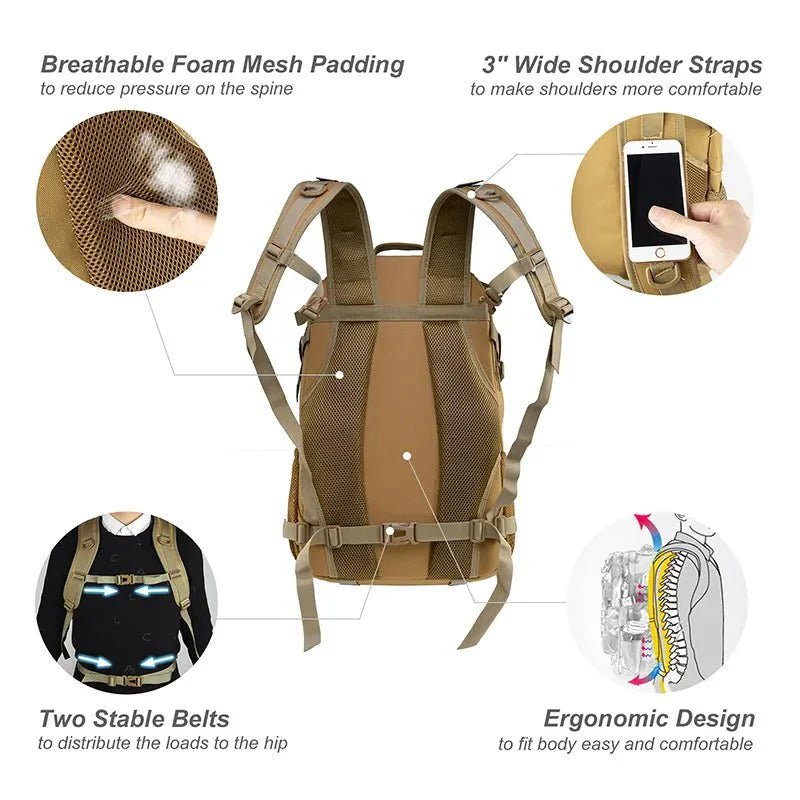 HikeWare 30L military style backpack with multiple compartments and adjustable straps, ideal for outdoor use and tactical activities.