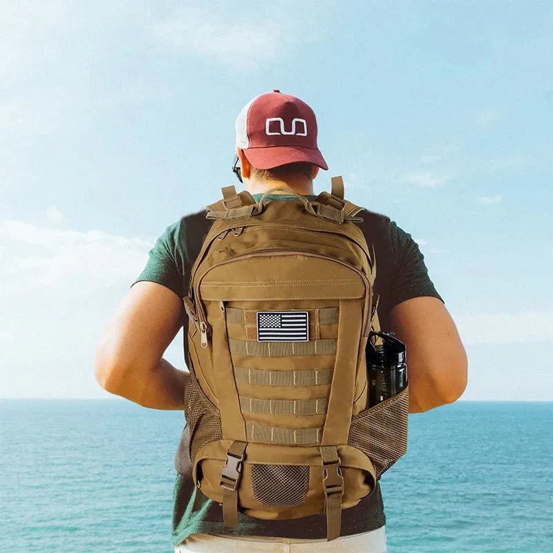 HikeWare 30L military style backpack with multiple compartments, adjustable straps, and rugged design for outdoor use.
