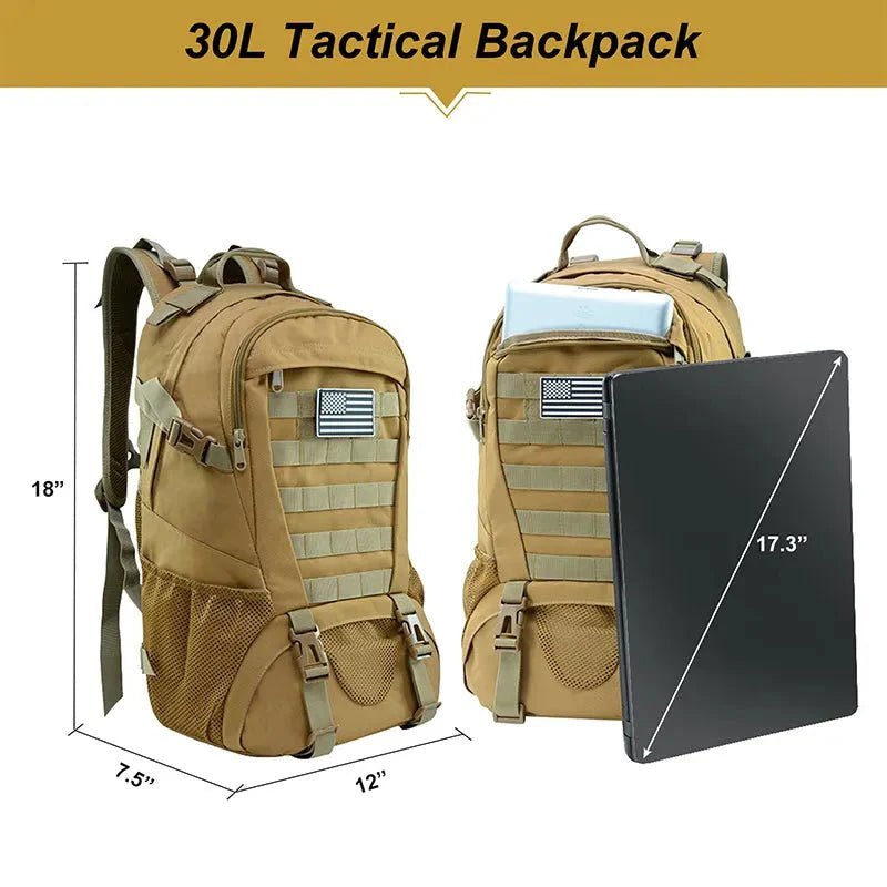HikeWare 30L military style backpack with multiple compartments, rugged design, adjustable straps, and durable fabric for outdoor use.