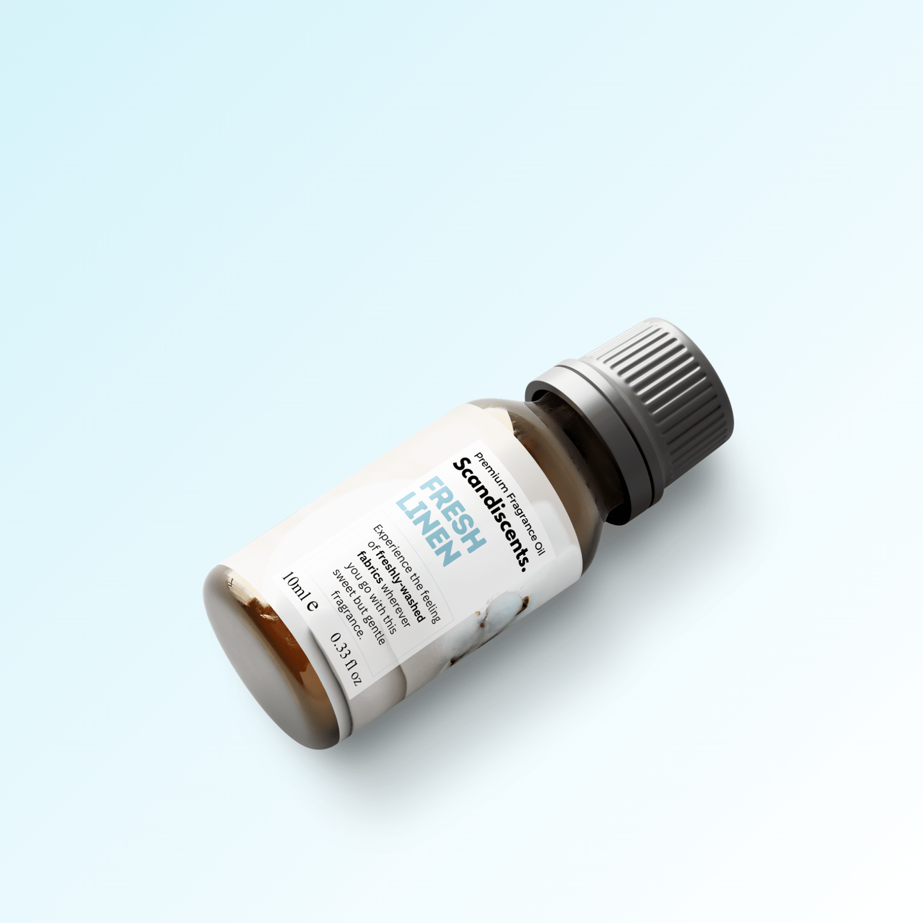 Scandiscents Fresh Linen fragrance oil bottle with clear label and white cap, ready for use in home scenting.