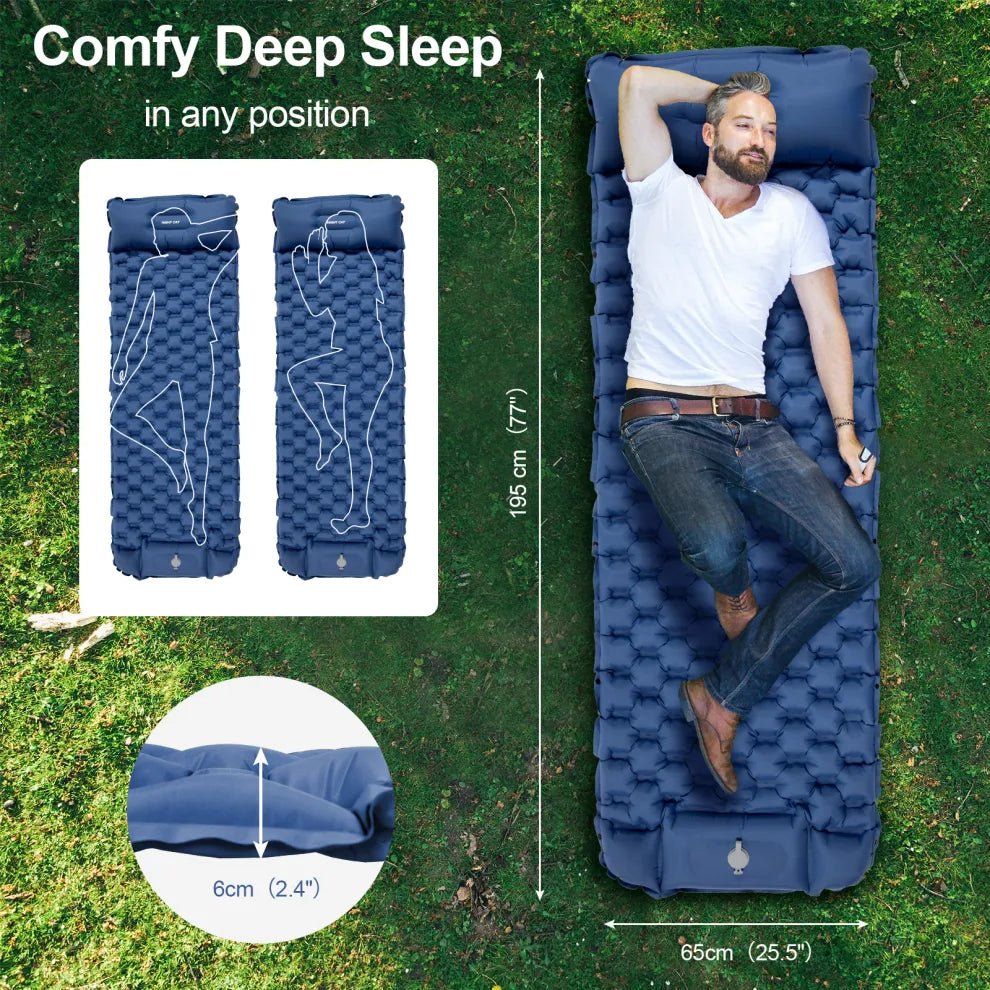 HikeWare Night Cat inflatable sleeping pad with built-in pillow, portable camping mattress for outdoor sleeping comfort.