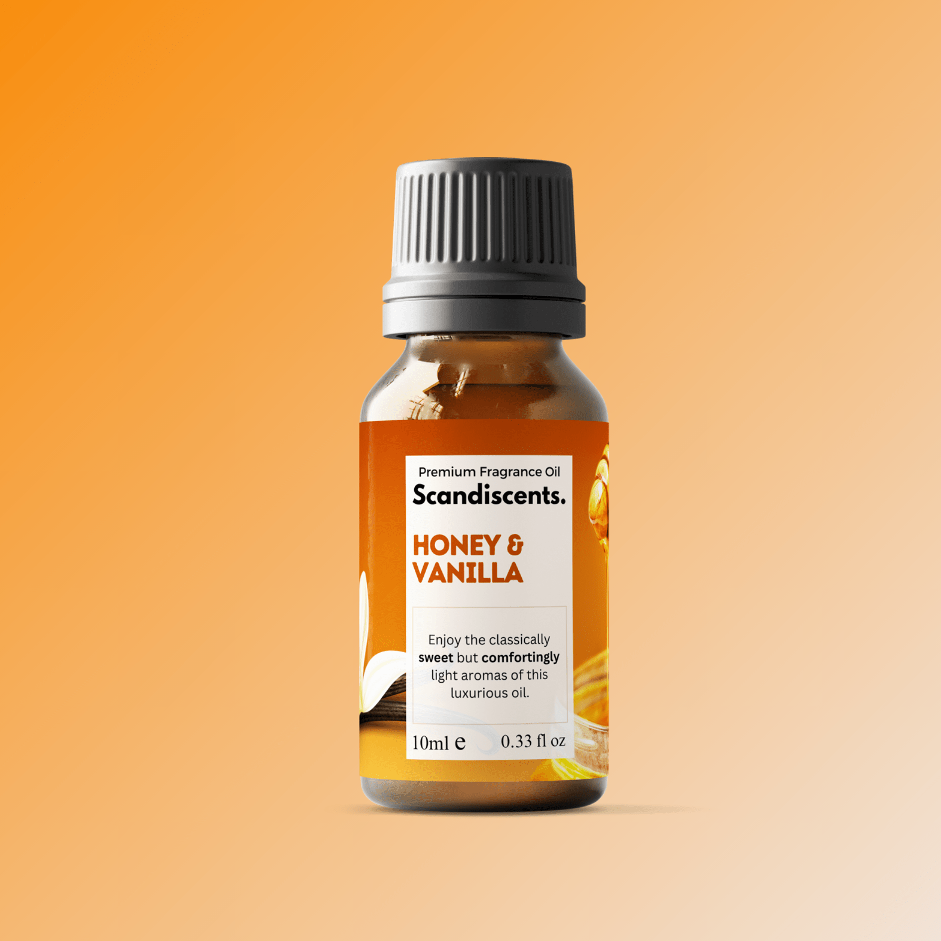 Scandiscents Honey & Vanilla fragrance oil bottle with a clear label and golden liquid inside.
