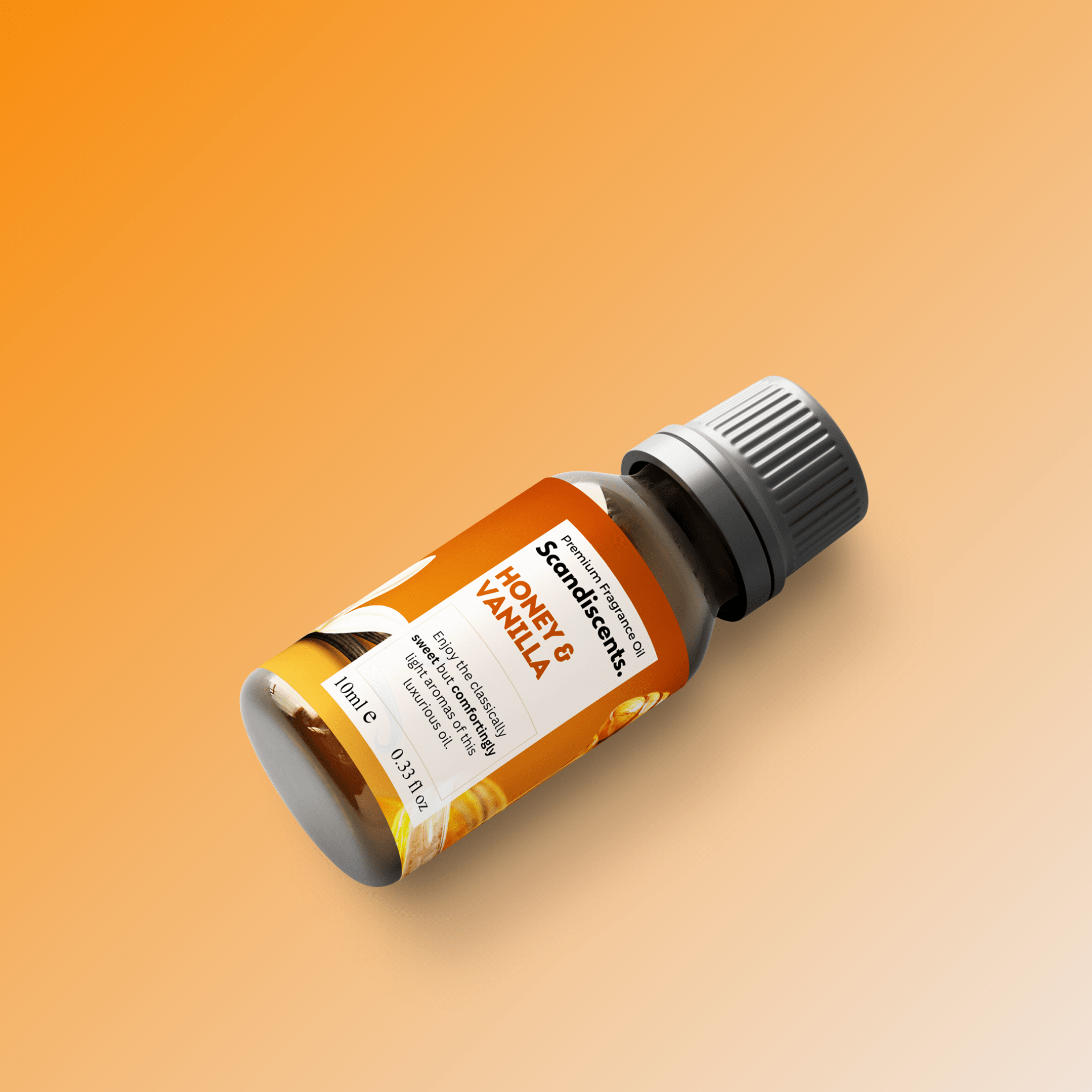 Scandiscents Honey & Vanilla fragrance oil bottle with a clear glass container and a white cap.
