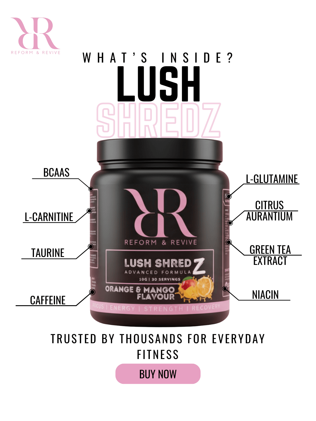 Reform and Revive Lush Shredz Women’s Metabolism Support supplement bottle with label and capsules inside.