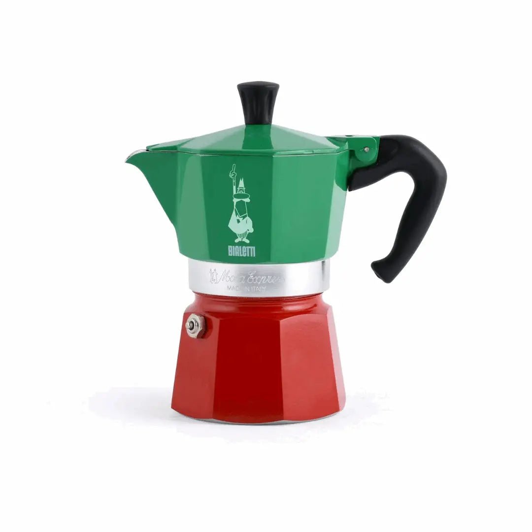 Bialetti Moka Express Tricolore Italia stovetop coffee maker in stainless steel with three cups, Brew Italia brand.