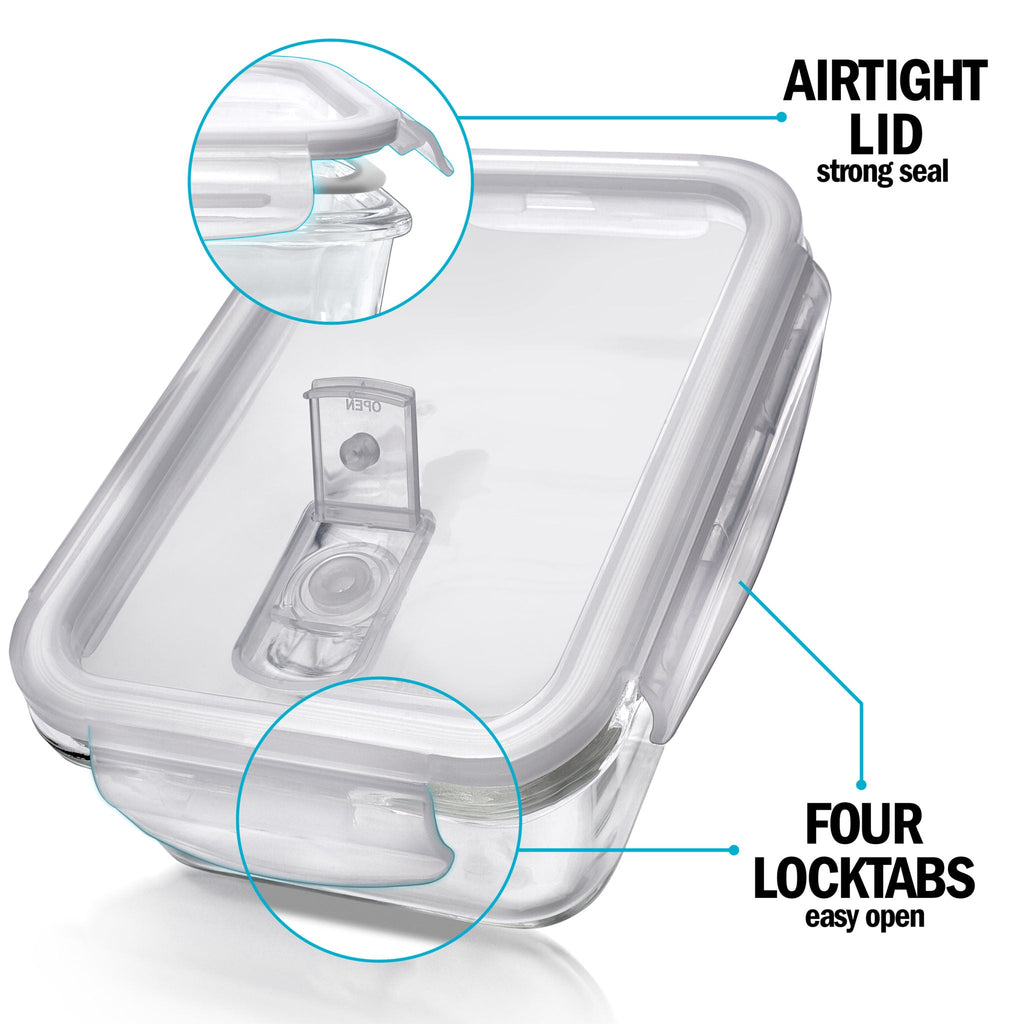Set of five Igluu Meal Prep 840ml glass containers with steam vent lids and one extra lid, ideal for meal storage and prep.