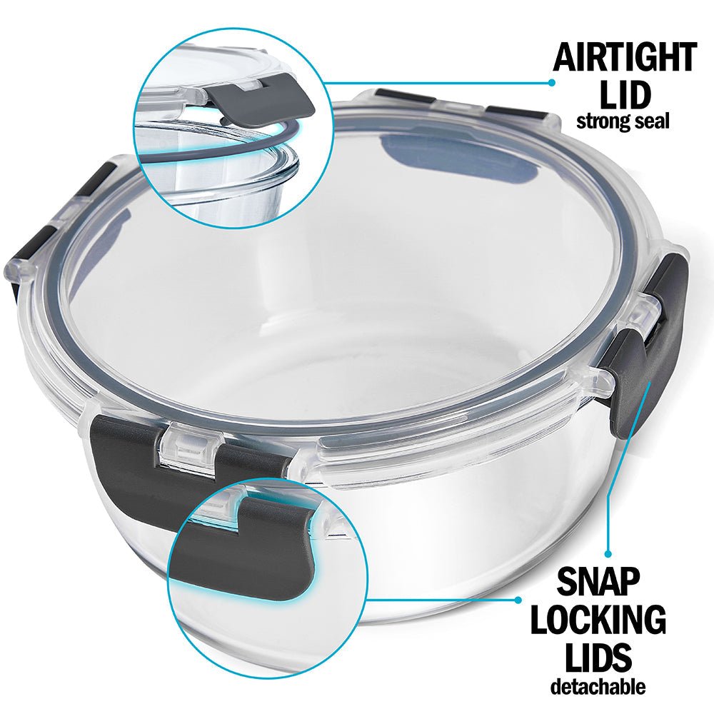 Set of three Igluu Meal Prep glass stackable round containers in 950ml, 650ml, and 400ml sizes, showcasing clear glass lids and sleek design.