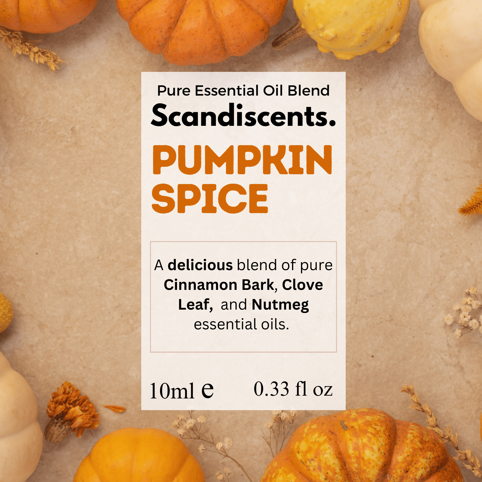 Scandiscents Pumpkin Spice essential oil blend in a dark amber bottle with a white label and dropper cap.