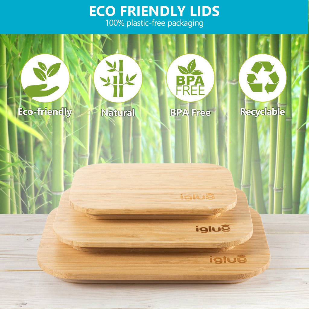 Set of three Igluu Meal Prep glass containers with bamboo lids in assorted sizes for storing food and meal prep.