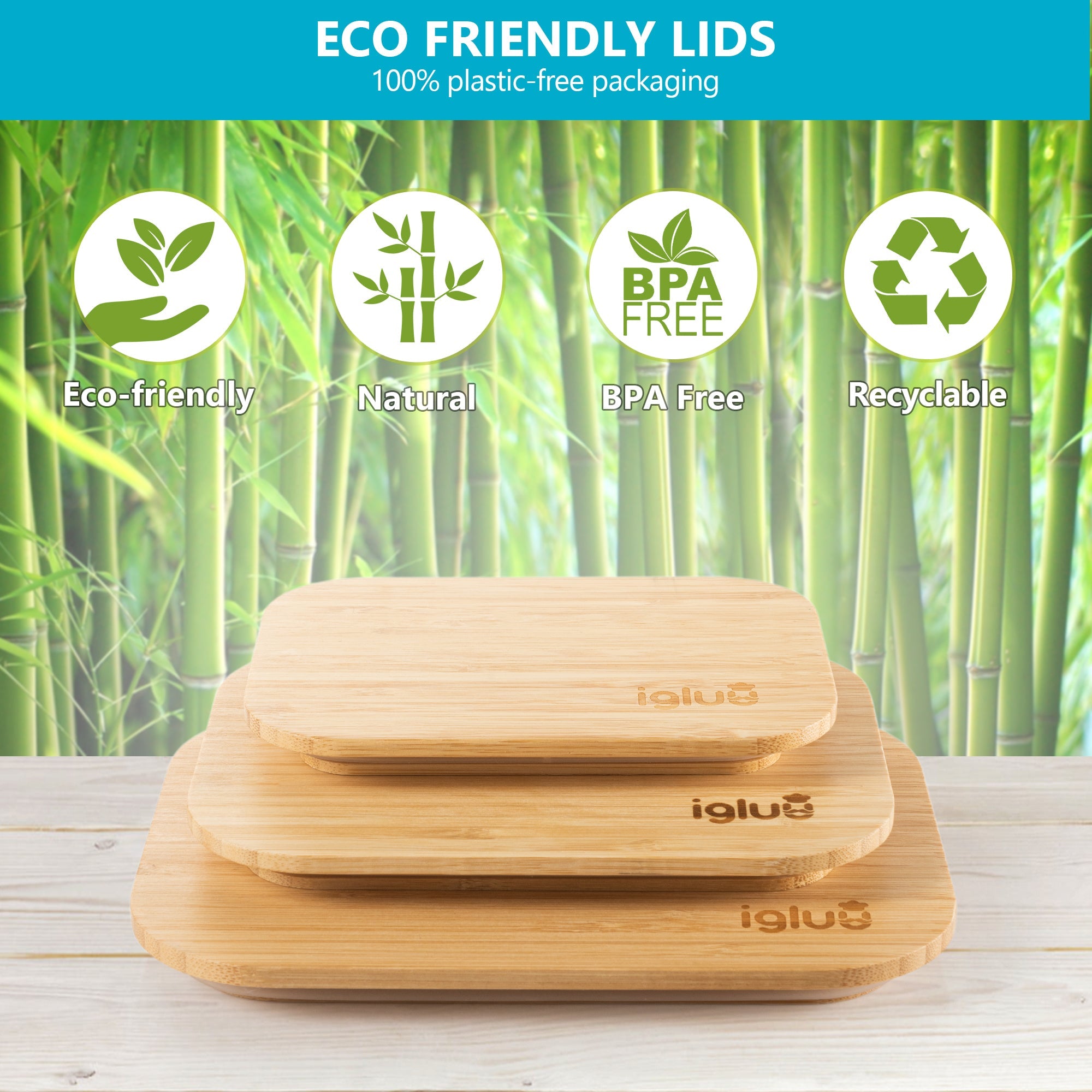 Set of three Igluu Meal Prep glass containers with bamboo lids in assorted sizes for storing food and meal prep.