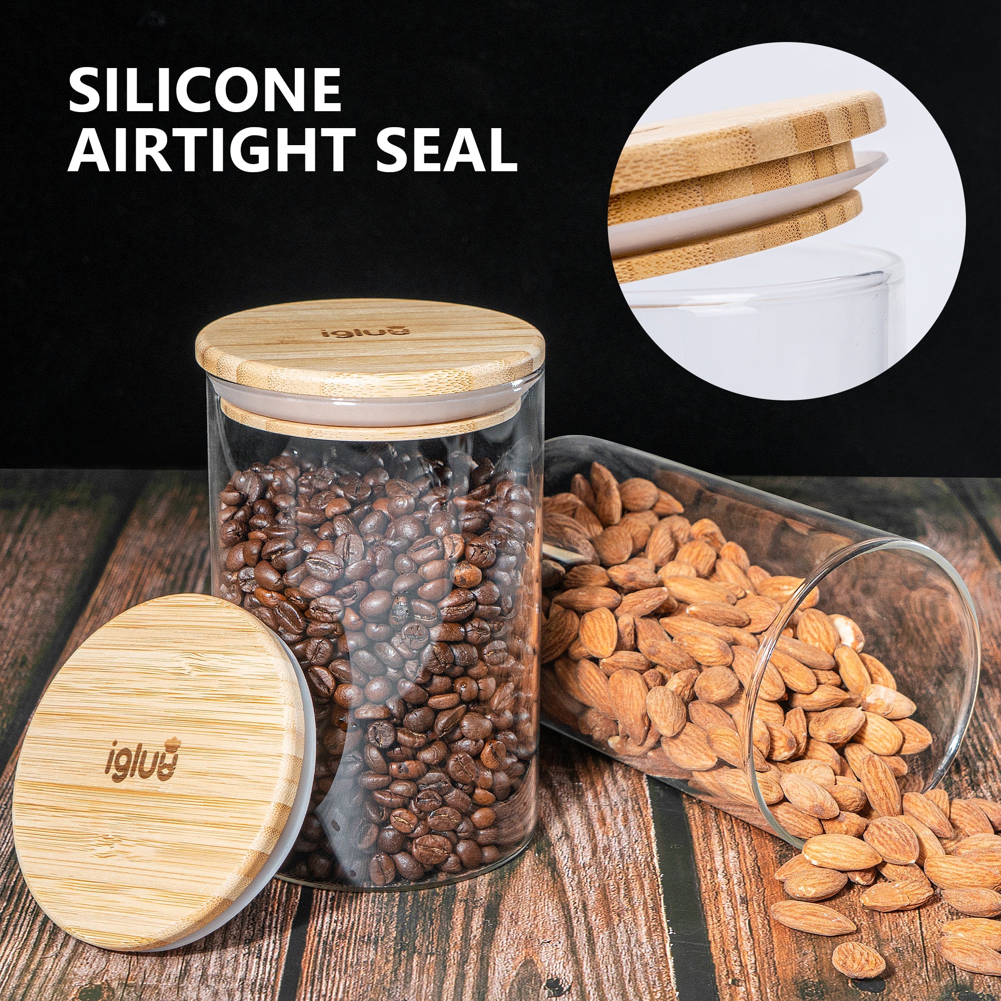 Set of three Igluu Meal Prep glass food storage jars with bamboo lids, 900 ml capacity, ideal for kitchen organization and meal prep.