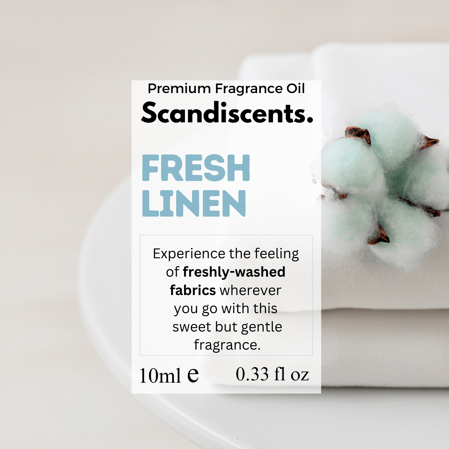 Scandiscents Fresh Linen fragrance oil bottle with white label and silver cap, displayed on a neutral background.