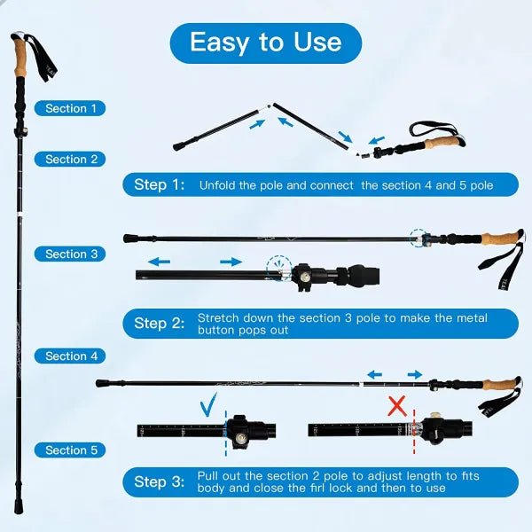 HikeWare Night Cat folding trekking poles with adjustable aluminum shafts and ergonomic grips for hiking and trekking.