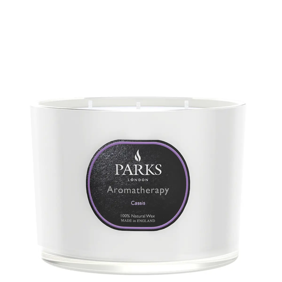 Parks Candles Cassis 3-wick 350g candle with a glass jar, featuring a vibrant purple and pink floral design.
