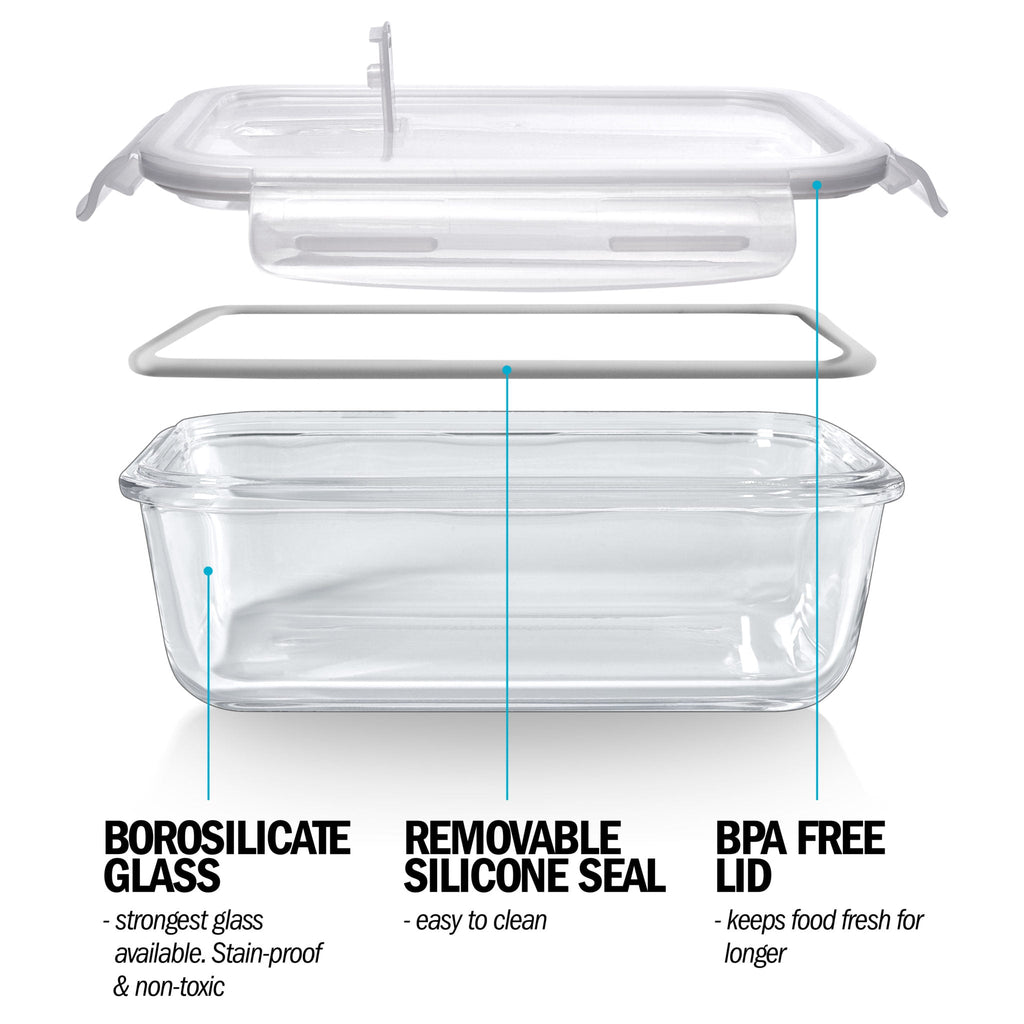 Set of five Igluu Meal Prep glass containers with steam vent lids, 840ml capacity, plus one extra lid, ideal for meal storage.