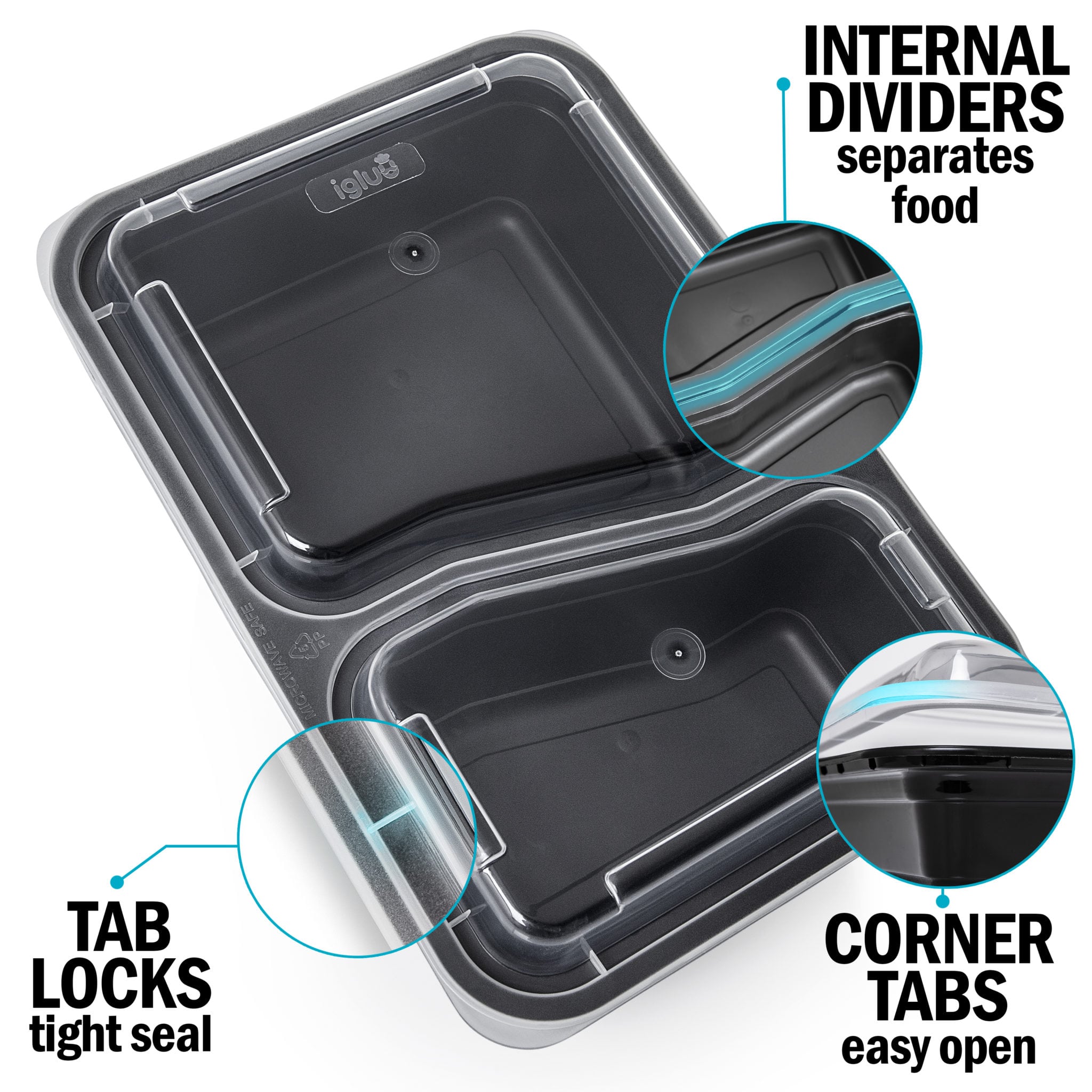 Igluu Meal Prep 2-compartment reusable containers with airtight lids, 887ml for meal storage and organization.
