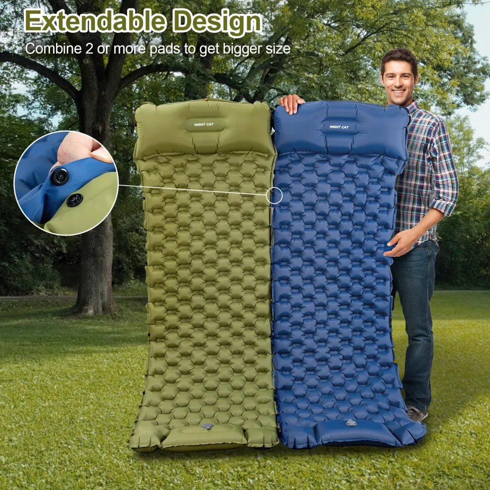 HikeWare Night Cat inflatable sleeping pad with built-in pillow, outdoor camping mattress for comfortable rest.