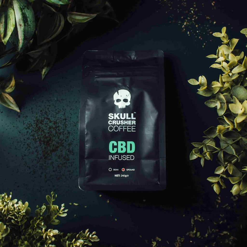 Bag of Skull Crusher Coffee infused with bold flavors, 4.1 oz size, showcasing the packaging design with skull imagery.