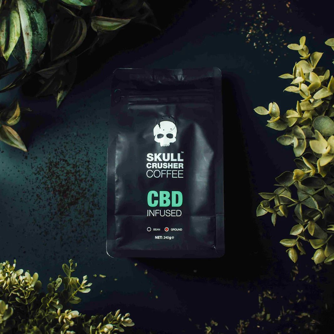 Bag of Skull Crusher Coffee infused with bold flavors, 4.1 oz size, showcasing the packaging design with skull imagery.