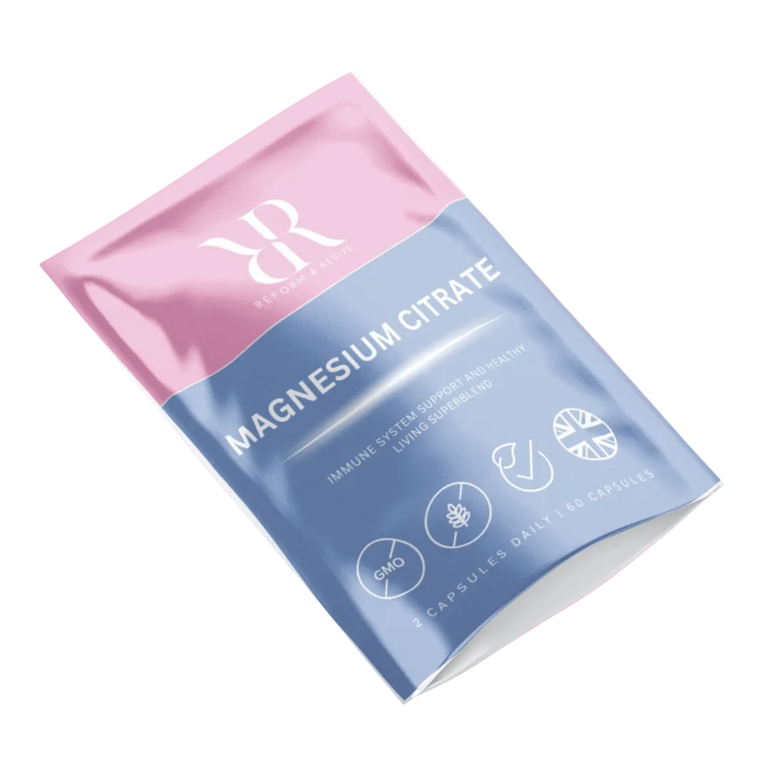 Reform and Revive Magnesium Citrate+ vitamins bottle for muscle and calm wellness support, with label details visible.