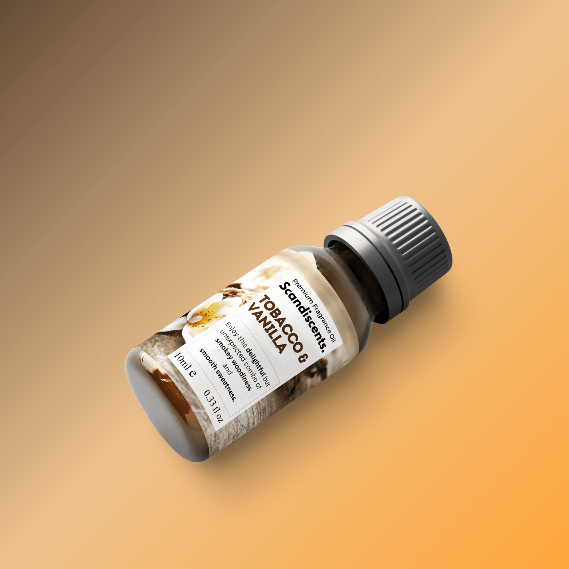 Scandiscents Tobacco & Vanilla fragrance oil bottle with amber liquid and black cap, showcasing a warm, inviting scent.