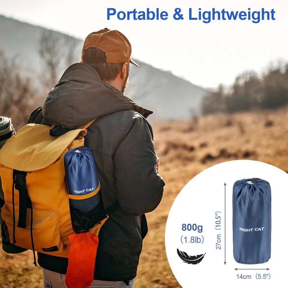 HikeWare Night Cat inflatable sleeping pad with integrated pillow, cushioned and portable for camping or outdoor sleeping arrangements.