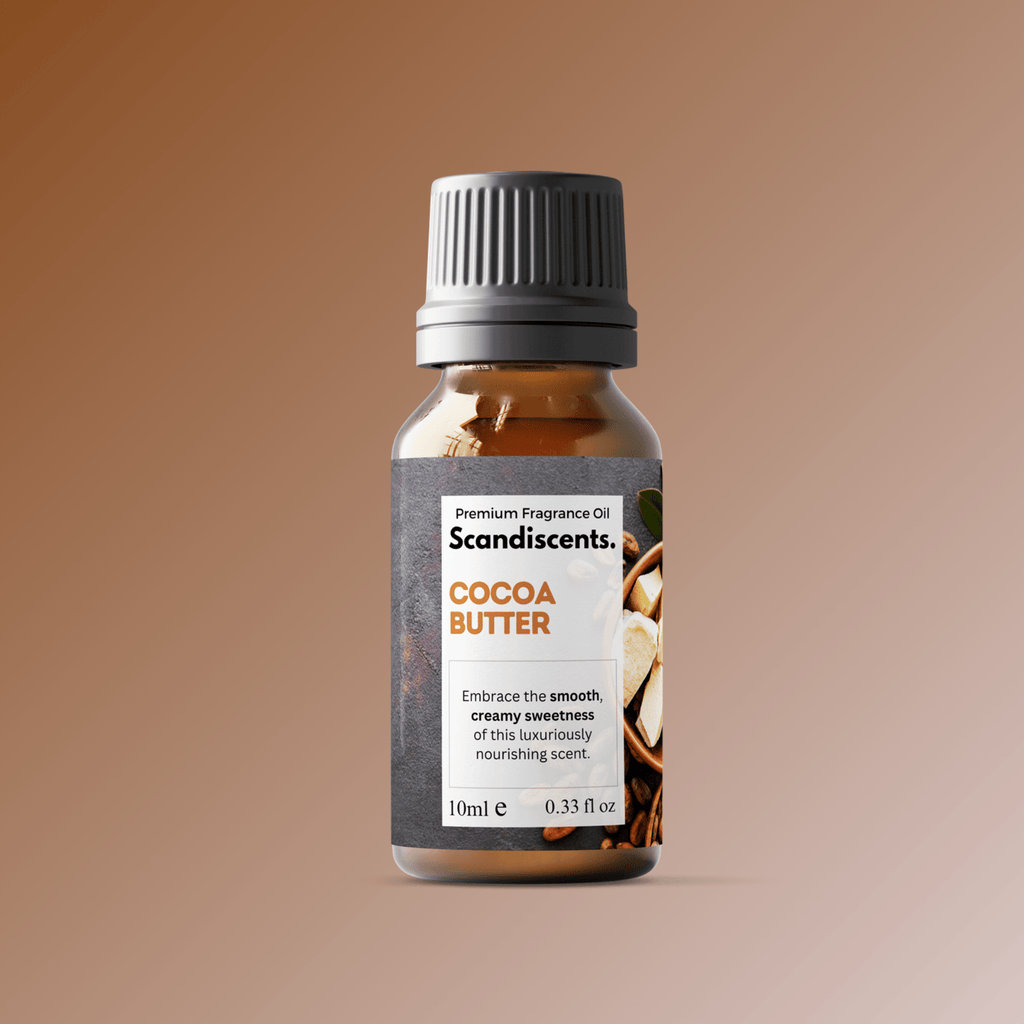 Scandiscents cocoa butter fragrance oil bottle with label, showing a clear glass container and light-colored liquid inside.