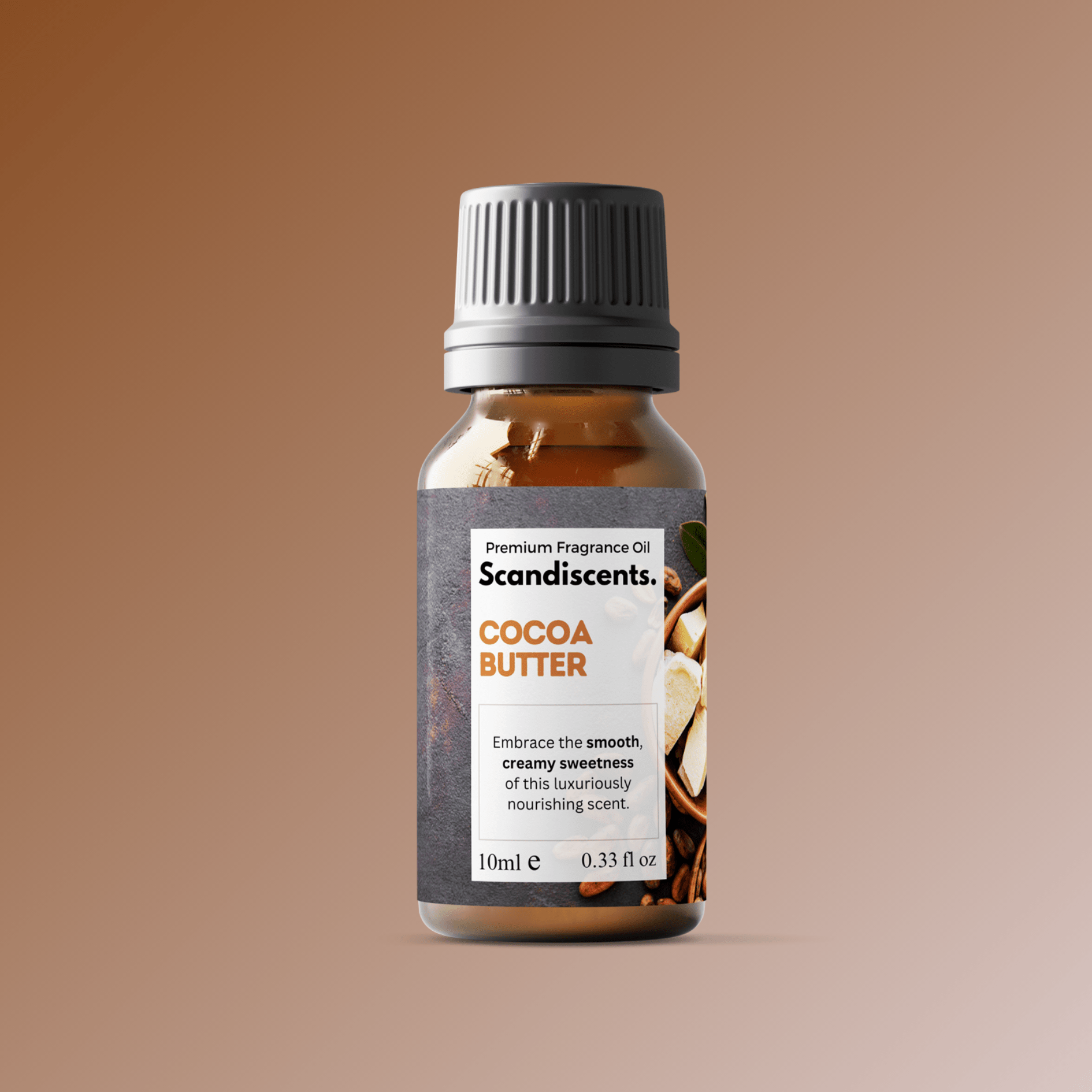 Scandiscents cocoa butter fragrance oil bottle with label, showing a clear glass container and light-colored liquid inside.