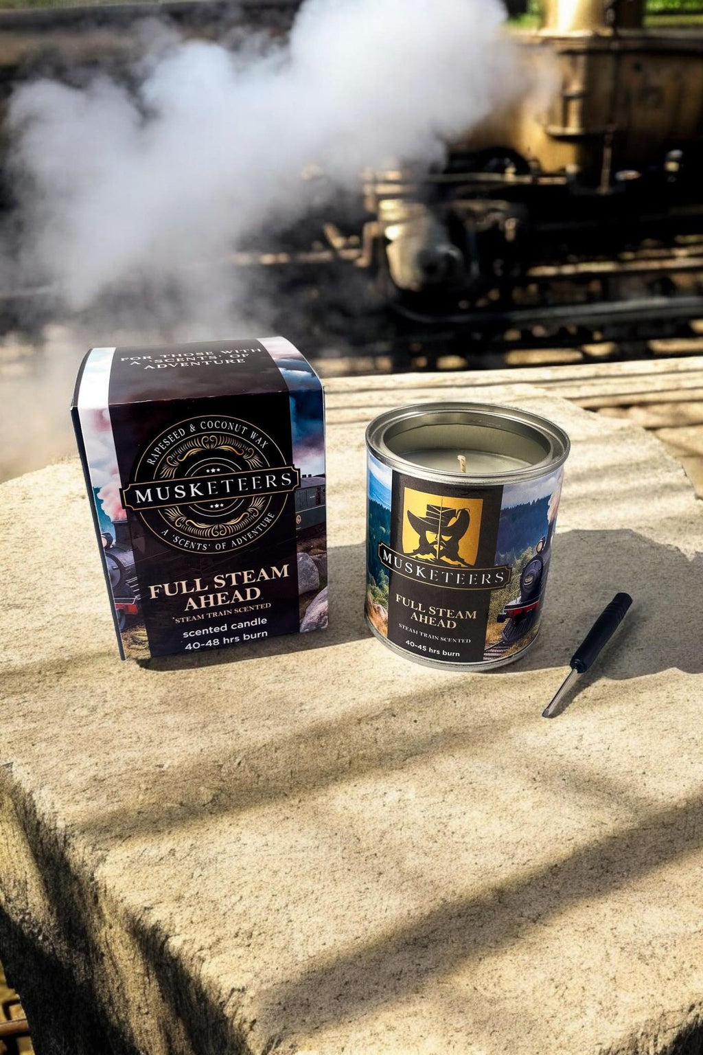 Masculine scented candle from Musketeers featuring a steam train design, perfect for a warm, nostalgic ambiance.