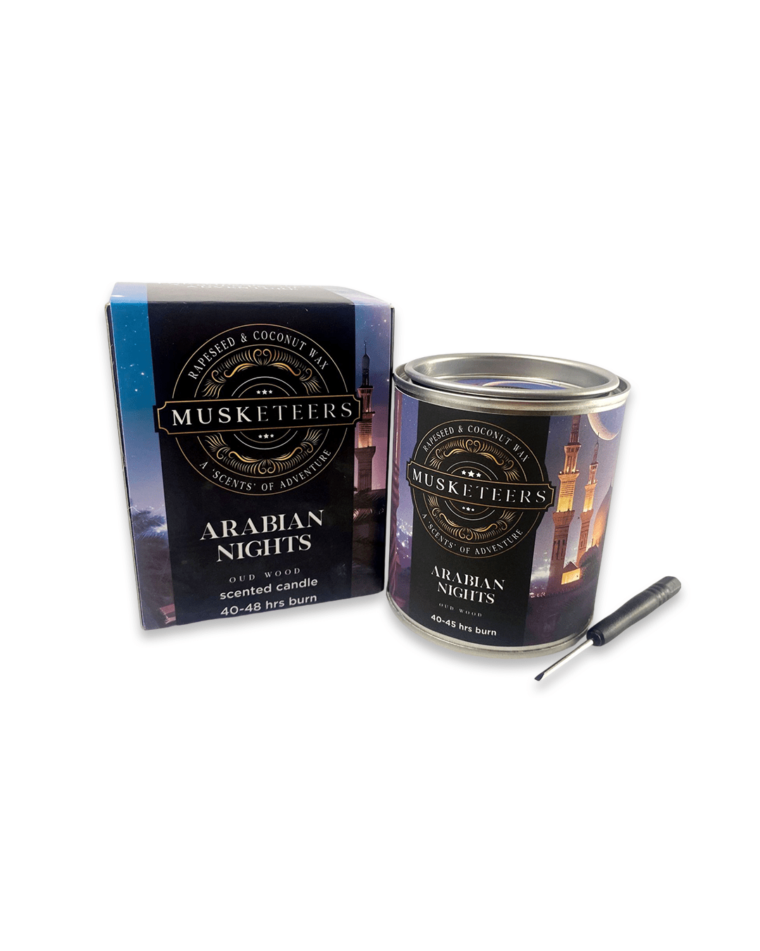 Arabian Nights Oud candle by Musketeers, luxurious masculine scented candle with intricate design, ideal for elegant home décor.