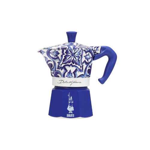 Bialetti X Dolce&Gabbana Blue Mediterranean Moka Express coffee maker with vibrant blue design and Italian craftsmanship