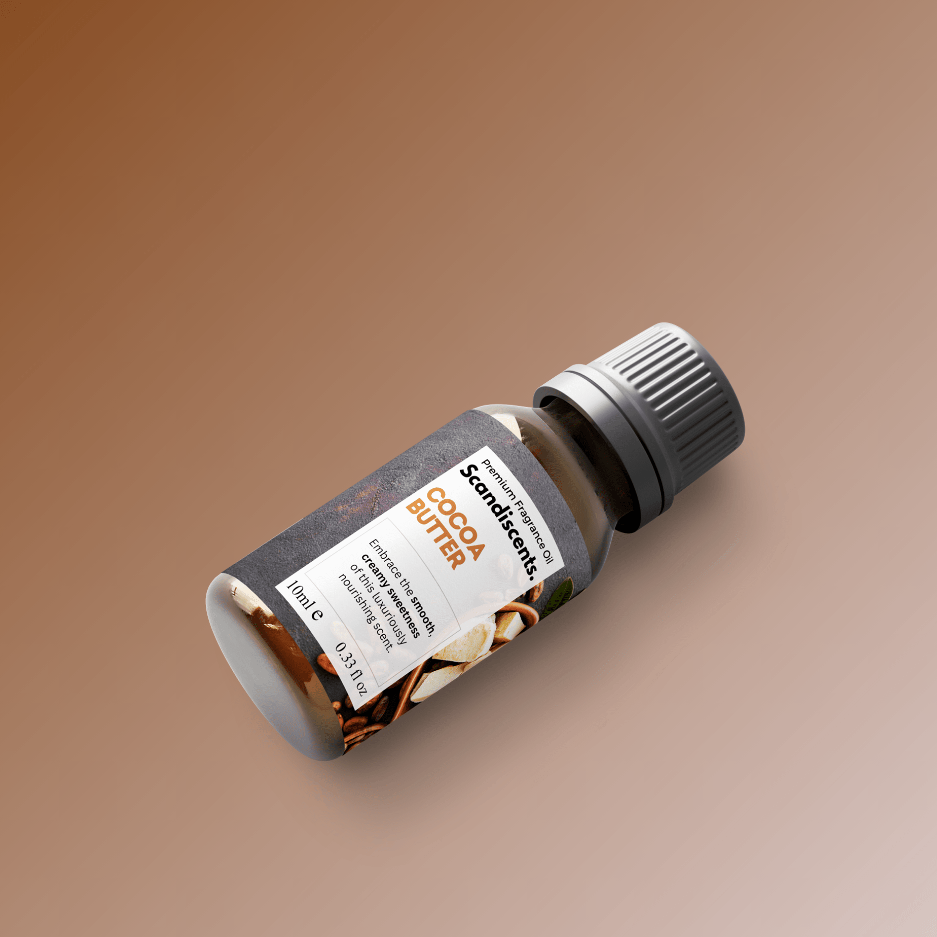 Scandiscents cocoa butter fragrance oil bottle with a clear label and golden cap, displayed against a white background.