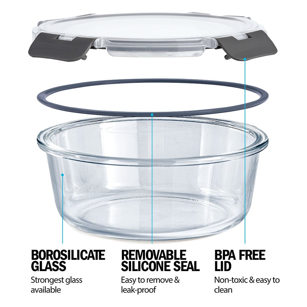 Set of three Igluu Meal Prep glass stackable round containers in 950ml, 650ml, and 400ml sizes, with clear lids.