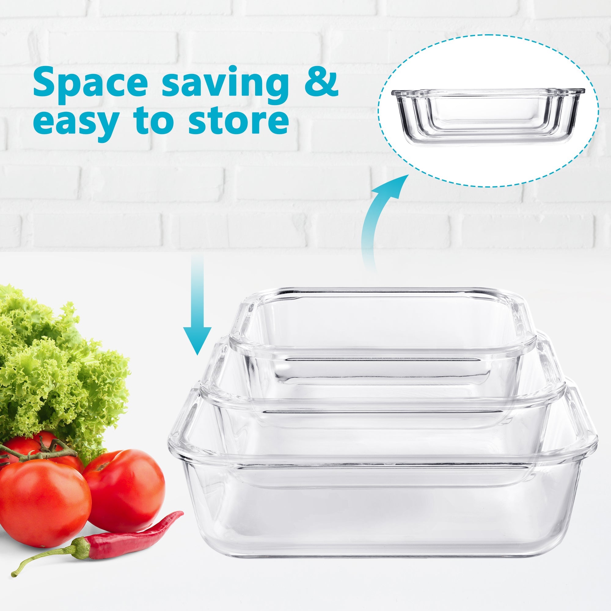 Set of three Igluu Meal Prep glass containers with bamboo lids in assorted sizes for storing and meal prepping food.