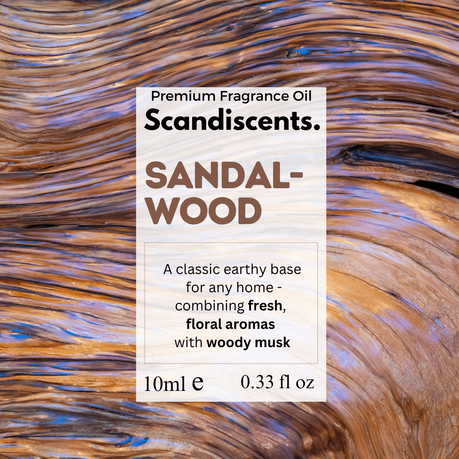 Scandiscents sandalwood fragrance oil bottle with amber-colored liquid and label, showcasing a natural, aromatic scent.
