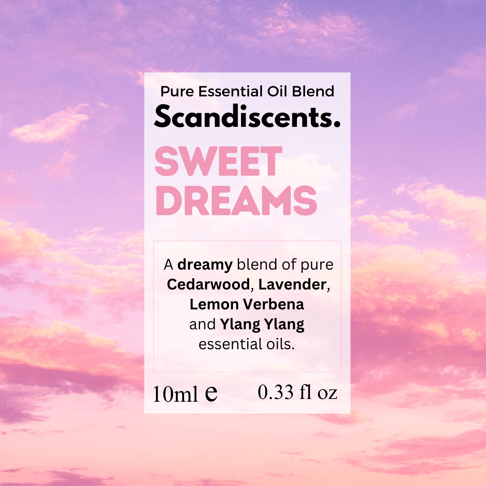 Scandiscents Sweet Dreams essential oil blend in a glass bottle with a dropper, surrounded by lavender and chamomile flowers.