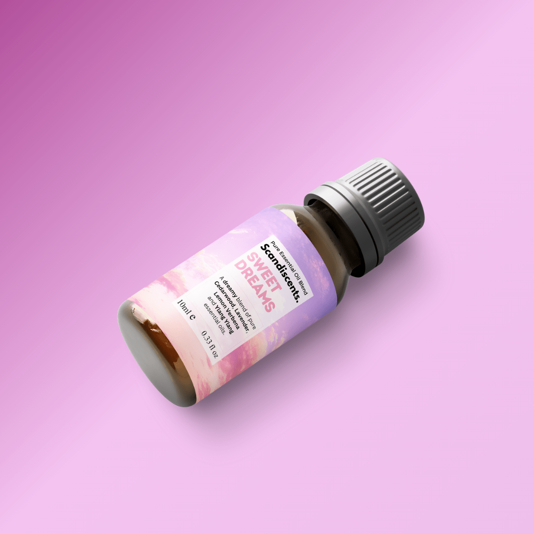 Scandiscents Sweet Dreams essential oil blend in a glass bottle, featuring a calming and relaxing aromatherapy scent.