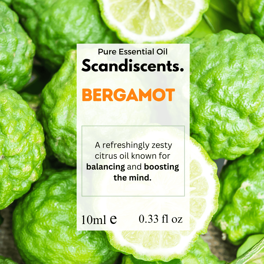 Scandiscents bergamot essential oil bottle with label, highlighting natural citrus scent and aromatic packaging.