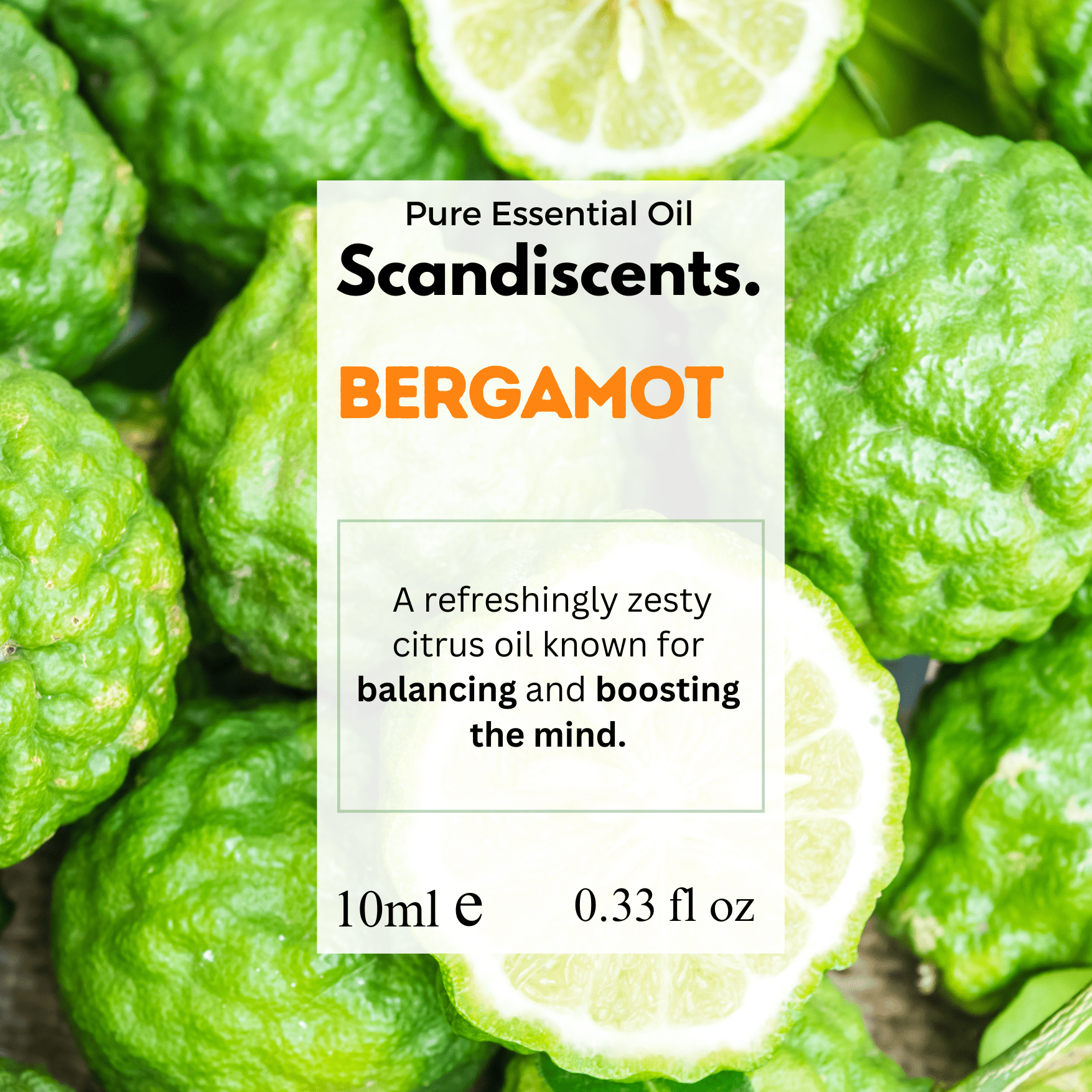 Scandiscents bergamot essential oil bottle with label, highlighting natural citrus scent and aromatic packaging.