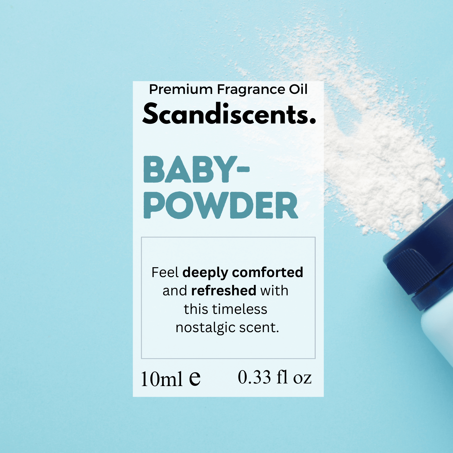 Scandiscents baby powder fragrance oil bottle with a white cap and label, designed for use as a soothing scent in aromatherapy.