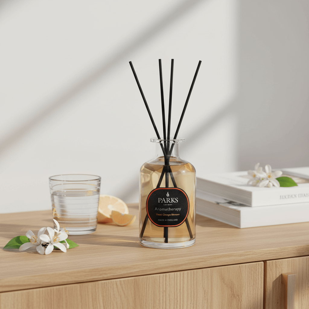 Parks Candles Fresh Orange Blossom reed diffuser 220ml with a glass bottle and natural reed sticks on a neutral background.