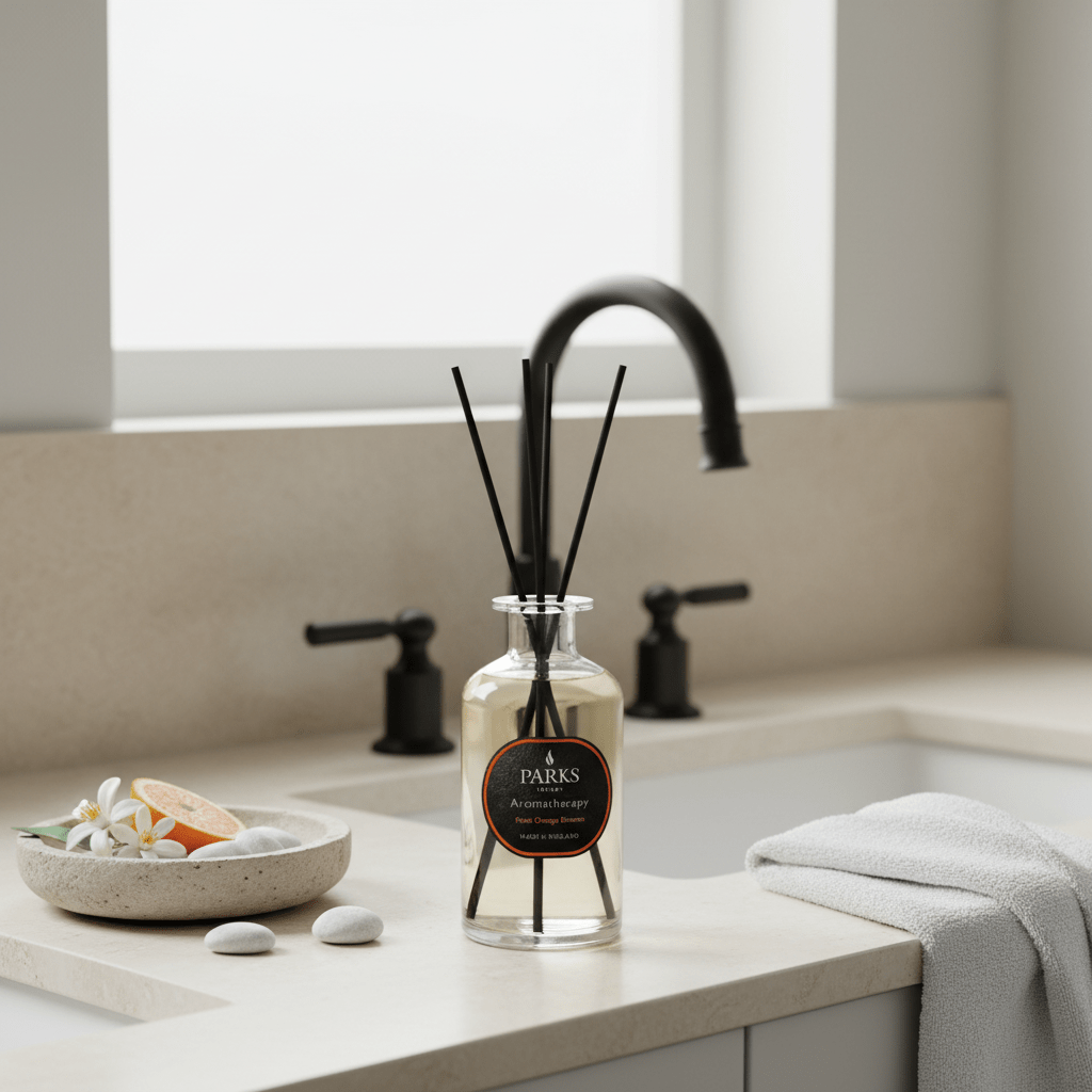 Parks Candles Fresh Orange Blossom reed diffuser 220ml with elegant glass bottle and reed sticks for aromatic home scent.