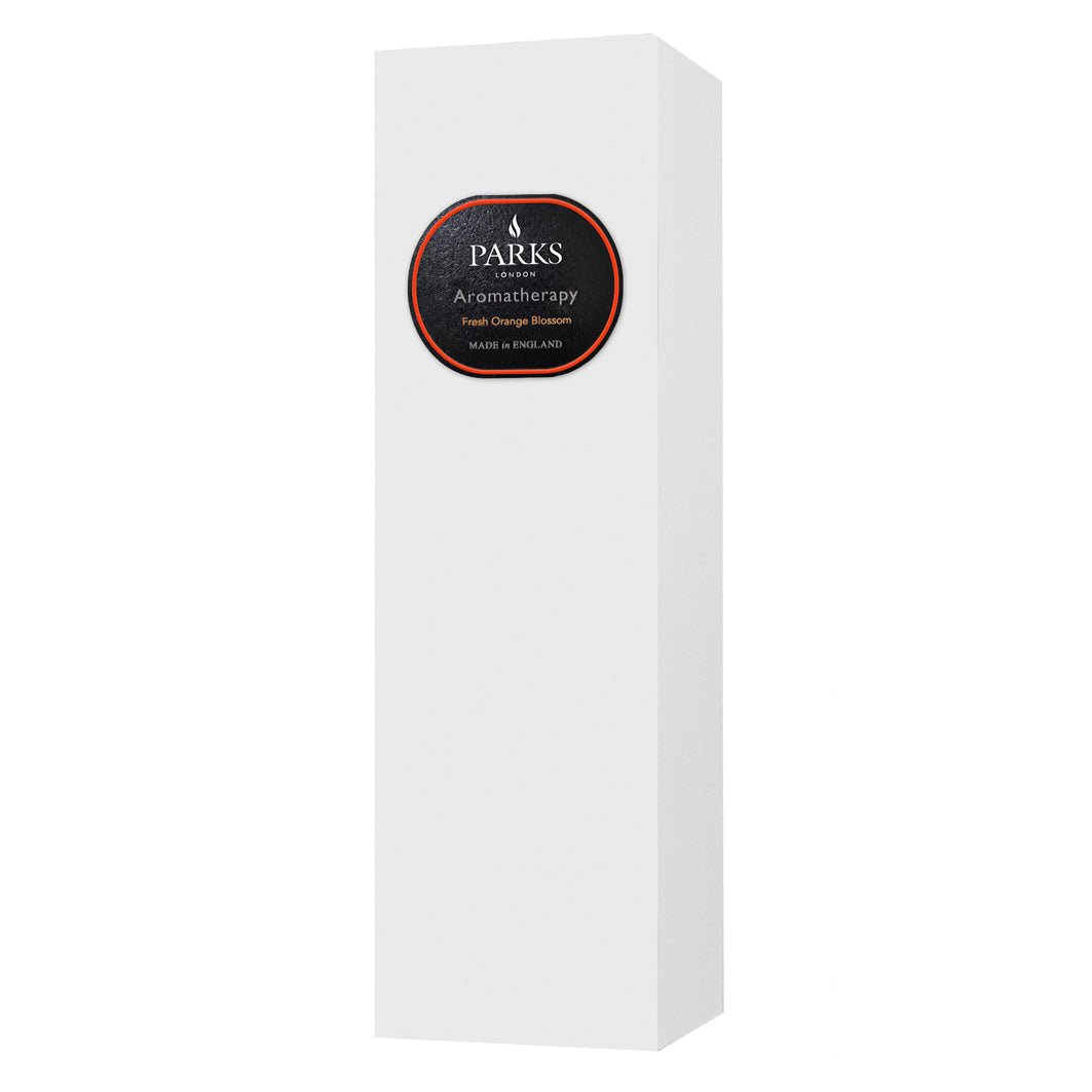 Parks Candles Fresh Orange Blossom reed diffuser with 220ml glass bottle and natural reed sticks, floral citrus scent.