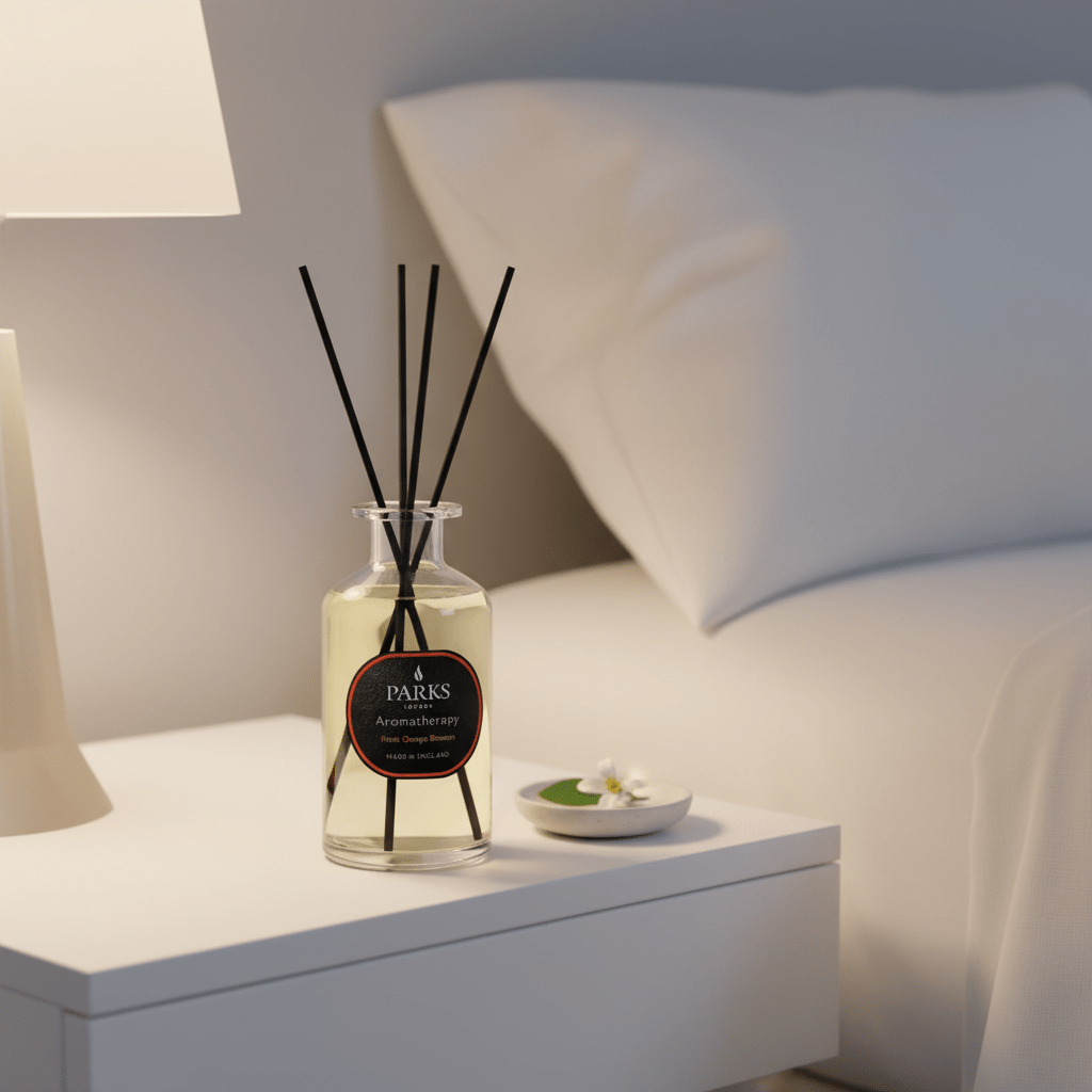 Parks Candles Fresh Orange Blossom reed diffuser 220ml with a glass bottle and natural reed sticks for aromatic home fragrance.