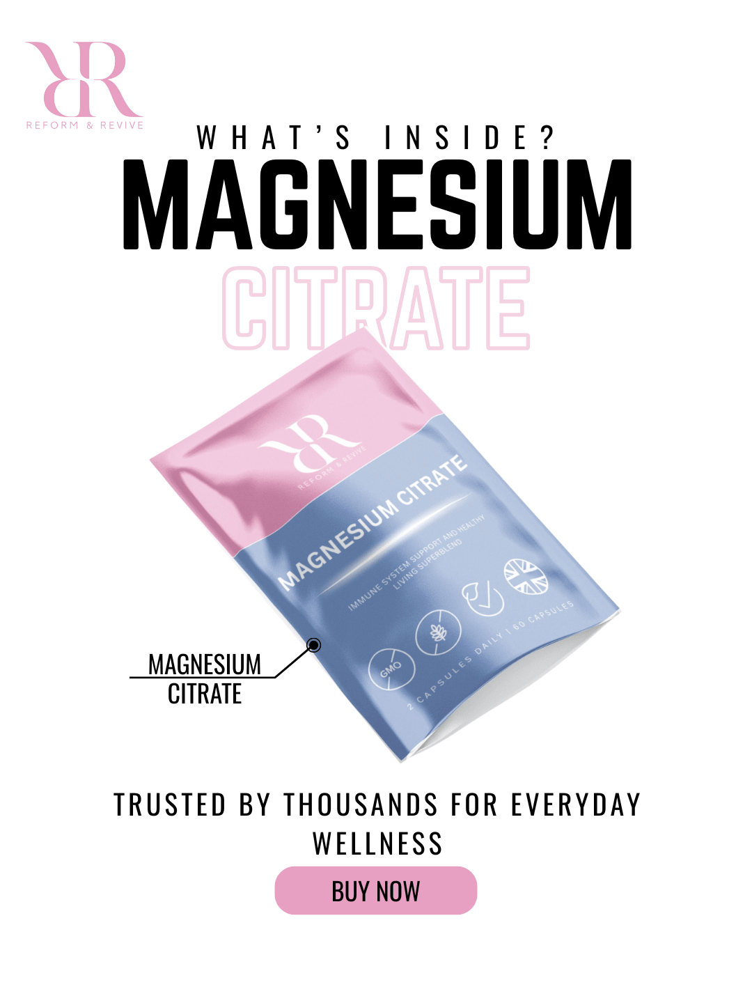 Reform and Revive Magnesium Citrate+ vitamins for muscle support and calm wellness, featuring a bottle of supplement capsules.